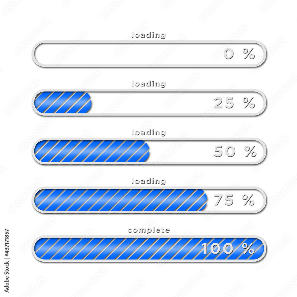 Fototapete Loading process overview - blue loading bars with different progress arranged in block shape on white background - 3D Illustration