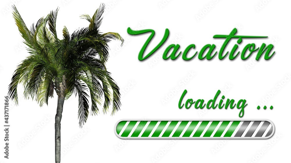 Poster vacation loading greeting card - green lettering and loading bar on white background with palm tree 