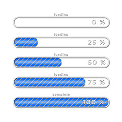 Obraz premium Loading process overview - blue loading bars with different progress arranged in block shape on white background - 3D Illustration