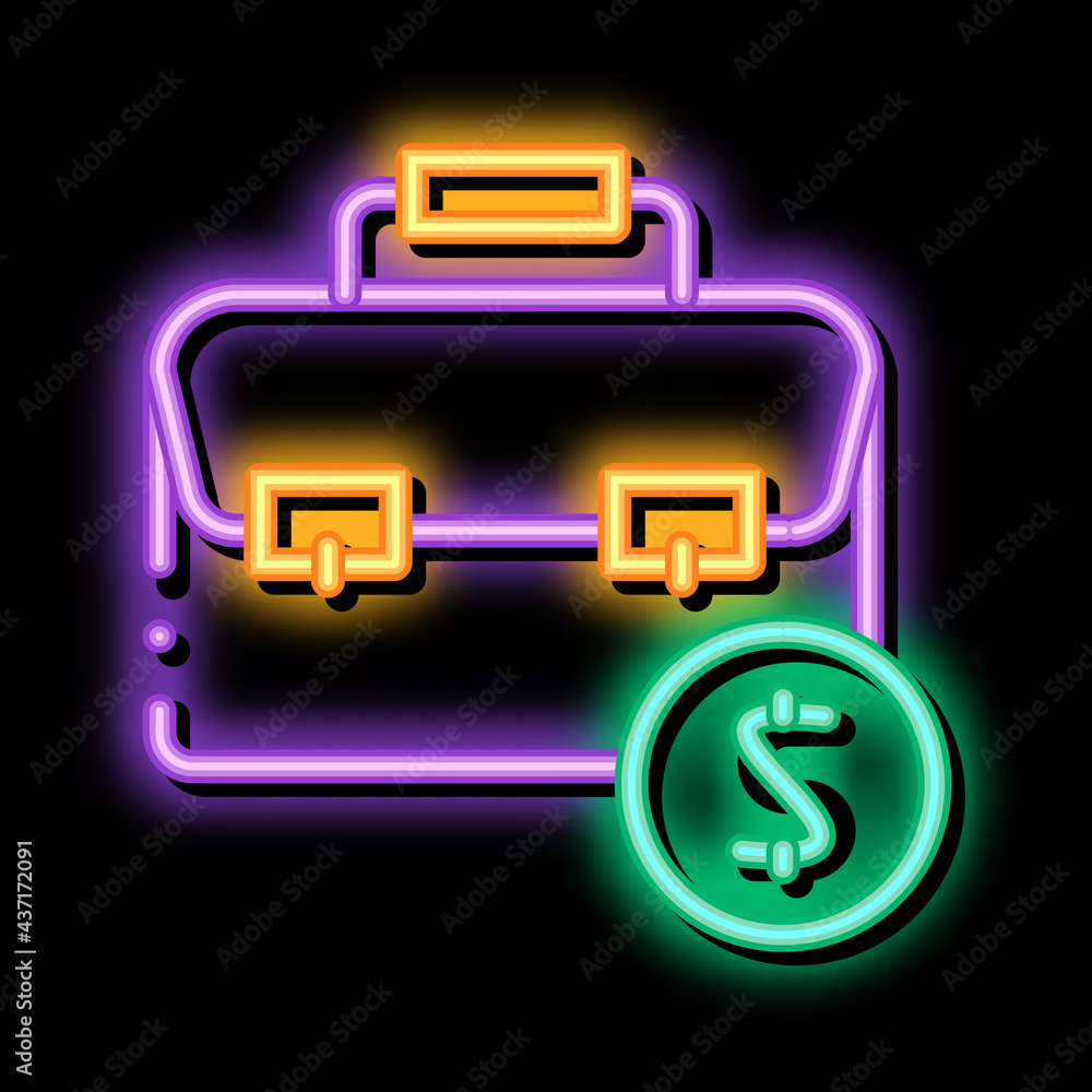 Wall mural suitcase bag case and dollar coin neon light sign vector. glowing bright icon transparent symbol ill