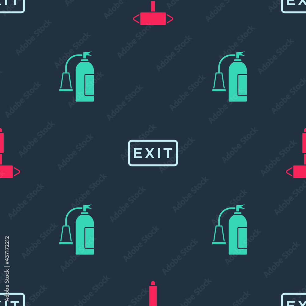 Aufkleber set firefighter axe, exit and extinguisher on seamless pattern. vector