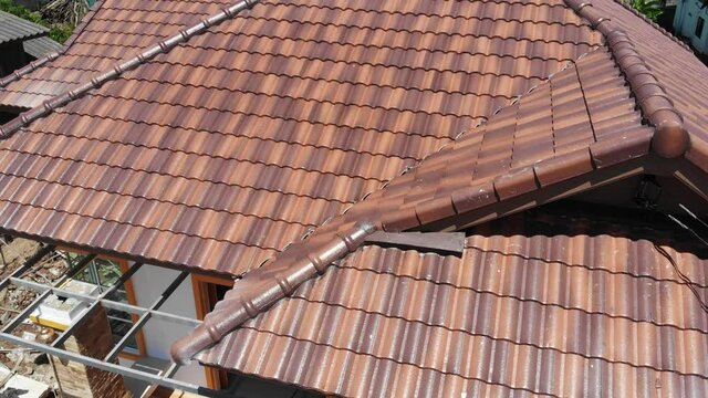 Aerial view cement roof in new house building with motion movement