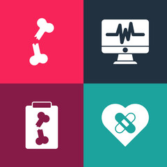 Set pop art Healed broken heart, X-ray shots, Monitor with cardiogram and Human bone icon. Vector