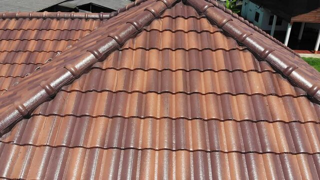 Aerial view cement roof in new house building with motion movement