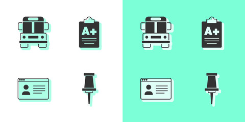 Set Push pin, School Bus, Online class and Exam sheet with A plus grade icon. Vector