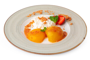 Cottage cheese and canned apricots isolated on white