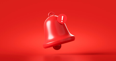 Red danger alarm bell or emergency notifications alert on rescue warning background with security urgency concept. 3D rendering. - obrazy, fototapety, plakaty