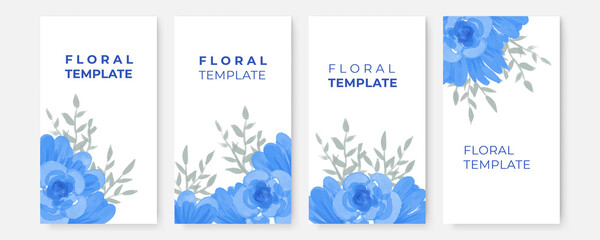 Fototapeta na wymiar Blue flower and floral abstract background with post and stories social media template. Set of blue rose floral watercolor template on white background. Luxury blue leaves floral watercolor background
