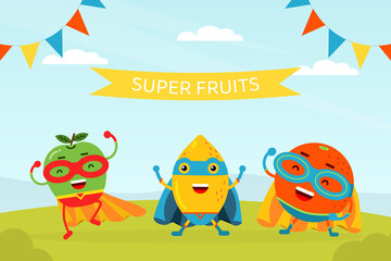 Funny Fruit Hero in Mask and Cloak Rushing to Rescue Vector Illustration