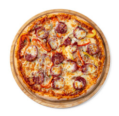 Fresh pizza on wooden board isolated on white