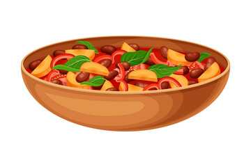 Mixed Vegetables with Tomato Sauce as Indian Dish and Main Course Served in Bowl and Garnished with Herbs Closeup Vector Illustration