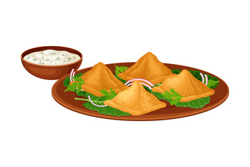 Samosa or Baked Pastry with Filling Rested on Herbs and with Sauce as Indian Dish and Main Course Served on Plate Closeup Vector Illustration