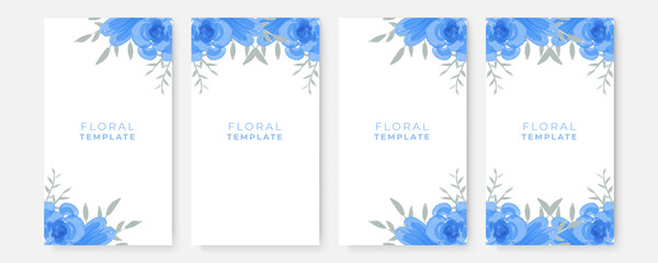 Fototapeta na wymiar Blue flower and floral abstract background with post and stories social media template. Set of blue rose floral watercolor template on white background. Luxury blue leaves floral watercolor background