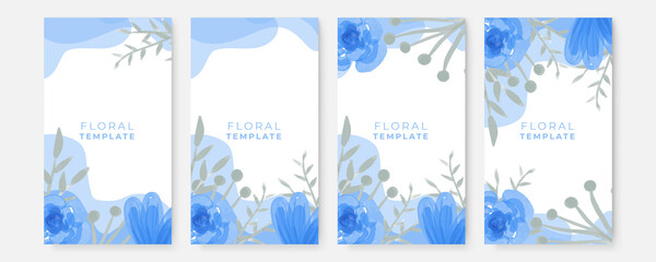Floral blue banners set. Beautiful Floral Wreath Wedding Invitation Card Template for social media template. Classic blue, white rose, white hydrangea, ranunculus, anemone, thistle flowers