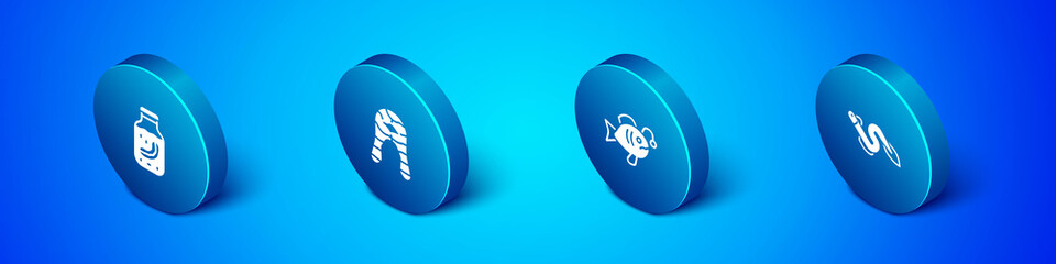 Set Isometric Sea cucumber in jar, Tropical fish, Eel and Fish steak icon. Vector