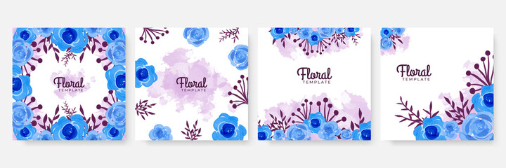 Floral blue banners set. Beautiful Floral Wreath Wedding Invitation Card Template for social media template. Classic blue, white rose, white hydrangea, ranunculus, anemone, thistle flowers