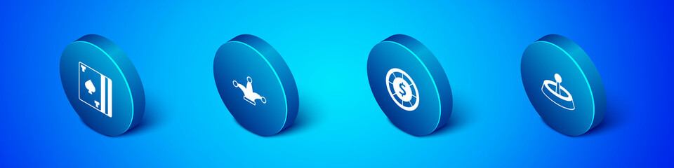 Set Isometric Deck of playing cards, Casino chips, roulette wheel and Joker icon. Vector