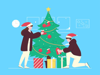 Illustration of Couple arranging Christmas tree and gifts to Celebrate Christmas