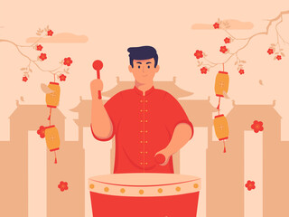 Illustration of A Man beating a drum to celebrate Chinese New Year