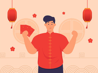 Illustration of A Man holding red packets to celebrate Chinese New Year