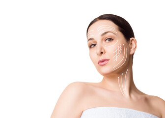 Beautiful female face, highlighted with arrows main facial lifting lines, isolated on white....