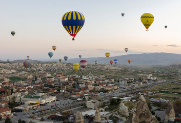 Fototapeta na wymiar Hot air balloons flying in sunset sky Cappadocia, Turkey