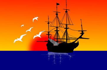 sailing ship at sunset.