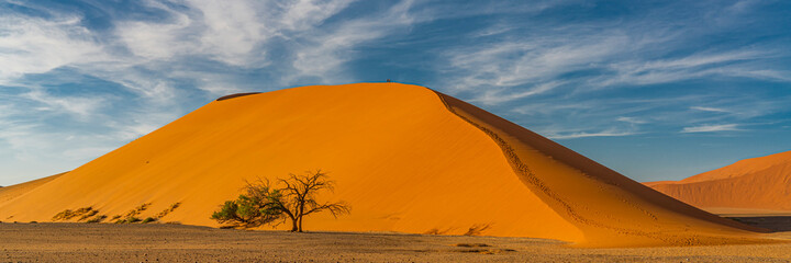 Fototapeta na wymiar Panorama from the large sand dune 45 at Sossusvlei during sunrise with a couple on the top