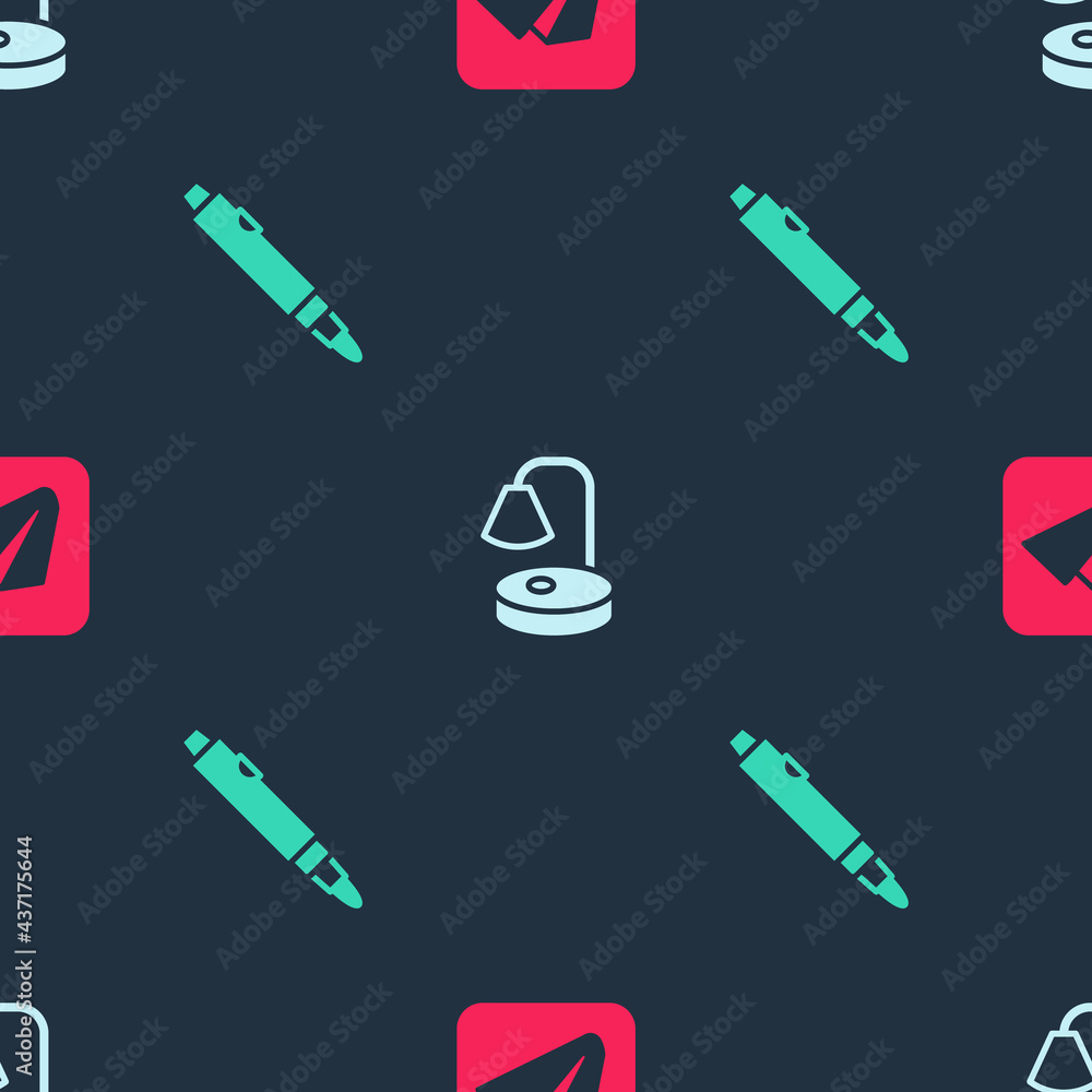 Poster set paper airplane, table lamp and marker pen on seamless pattern. vector