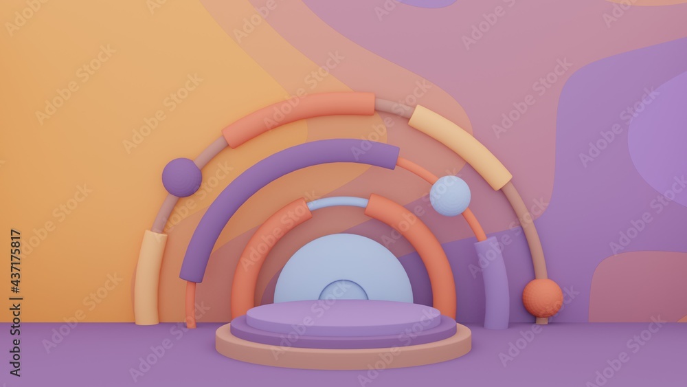 Poster 3d geometry obit around creative thinking with base pedestal dynamic wave pattern pastel stage layou