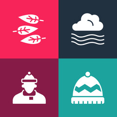 Set pop art Winter hat, Autumn clothes, Windy weather and Leaf or leaves icon. Vector
