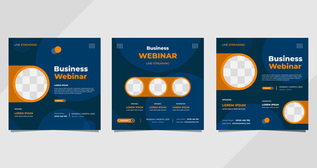 Set of business webinar social media post template with geometric background and circle frame