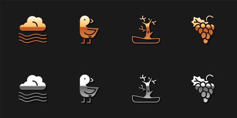 Set Windy weather, Little chick, Bare tree and Grape fruit icon. Vector