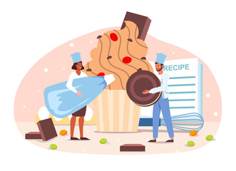 Smiling confectioner decorating cake, make dessert