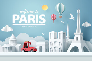 Paper art of red car take travel to paris after covid outbreak end, safe travels and journey in paris concept - 437176624