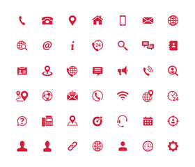 Set of 42 solid contact icons. Red vector symbols.