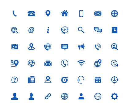 Set of 42 solid contact icons. Blue vector symbols.