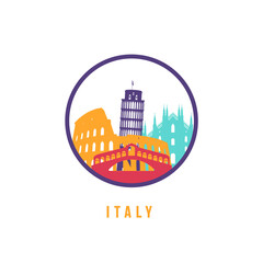 Fototapeta premium Famous Italy landmarks silhouette. Colorful Italy skyline round icon. Vector template for postmark, stamp, badge or logo.