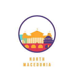 Famous North Macedonia landmarks silhouette. Colorful North Macedonia skyline round icon. Vector template for postmark, stamp, badge or logo.