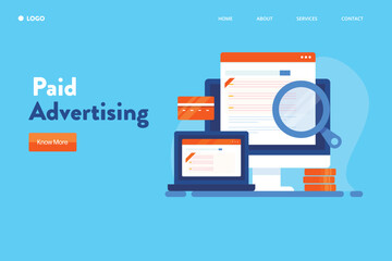 Internet advertising marketing, online ad network, digital media advertising campaign, paid promotion social media ads, search engine ads and ad retargeting concept. Flat design web banner template.