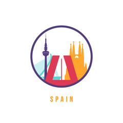 Famous Spain landmarks silhouette. Colorful Spain skyline round icon. Vector template for postmark, stamp, badge or logo.