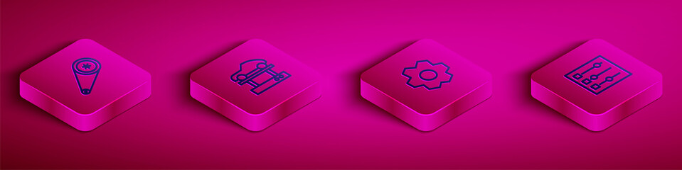 Set Isometric line Timing belt kit, Repair car on a lift, Gear and Car settings icon. Vector