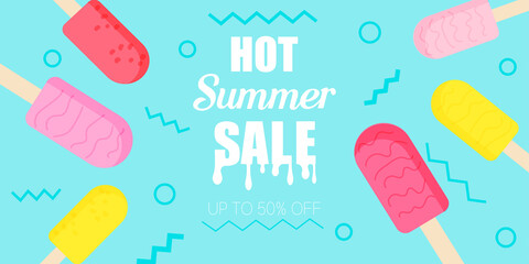 Hot summer sale layuot banner with ice cream and geometric shape