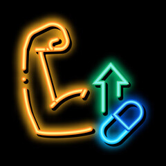 Muscle Pumping with Pills Supplements neon light sign vector. Glowing bright icon sign. transparent symbol illustration