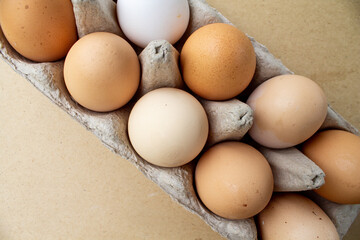 eggs in a package on a brown background. egg packaging