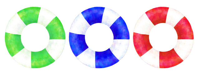 俯瞰の浮き輪のイラスト Illustration of red, blue and green floating rings 