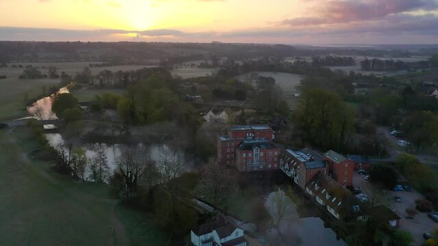 A drone flight from Dedham mill towards the sunrise over Lawford and Manningtree.