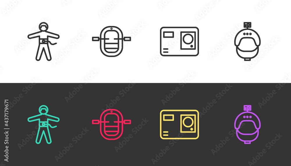 Sticker Set line Bungee jumping, Rafting boat, Action extreme camera and Helmet and action on black and white. Vector