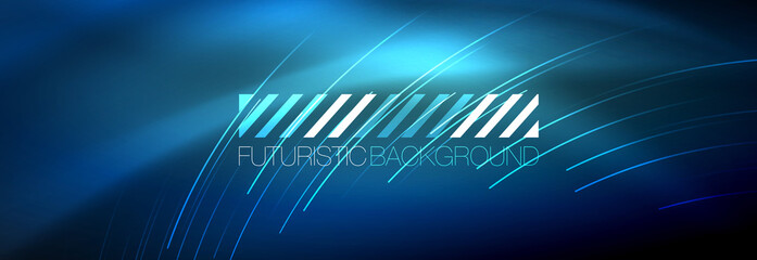 Neon glowing lines, magic energy and light motion background. Vector wallpaper template