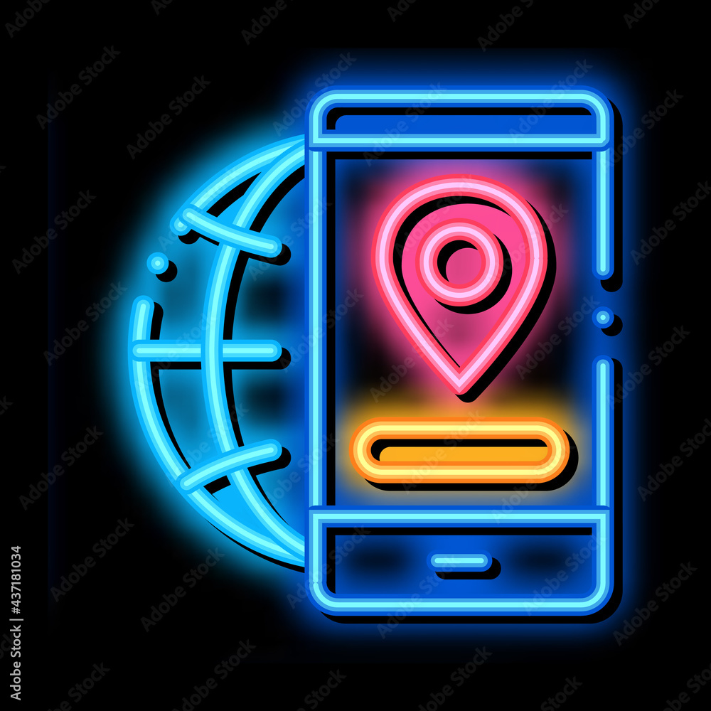 Wall mural Geolocation neon light sign vector. Glowing bright icon Geolocation sign. transparent symbol illustration